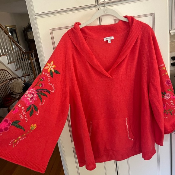 Johnny Was Sedona Cashmere Floral Embroidered V Neck Sweater - Coral - Picture 4 of 6